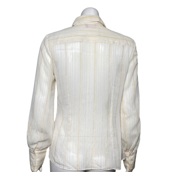 Dorothee Bis Button Up Shirt  Womens Size M Gold Metallic Stripes Semi Sheer - Picture 4 of 7